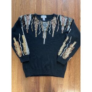 Vintage 80s Gladys Bagley Silk Sweater Sequins L Black Gold Silver Bling‎ Glam
